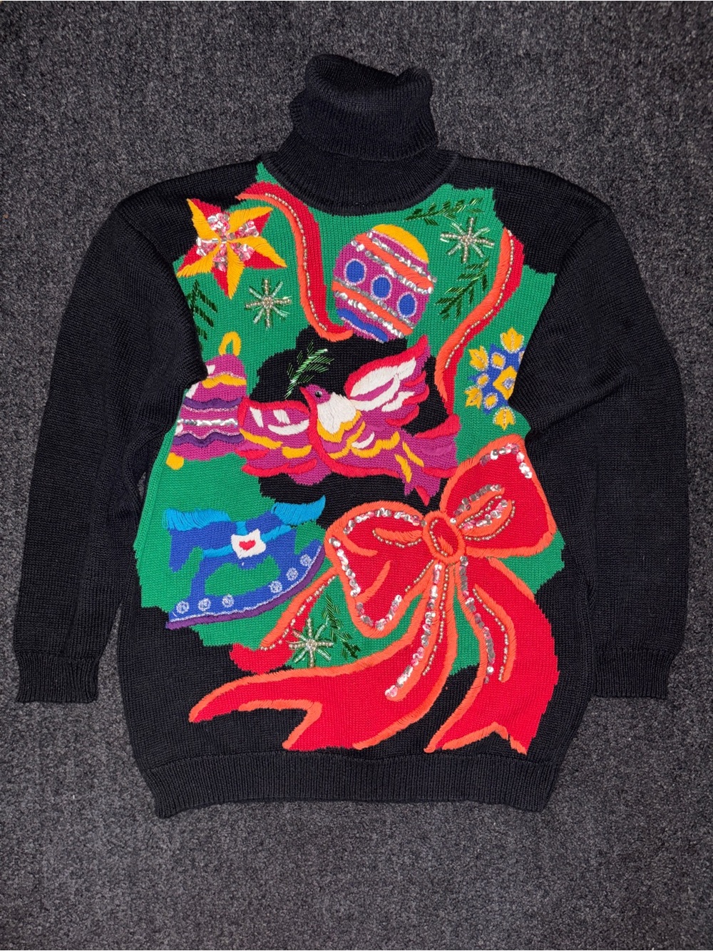 Vtg 90s IB Diffusion Festive Sweater Sz M Beaded Knit Turtleneck Dove Holiday